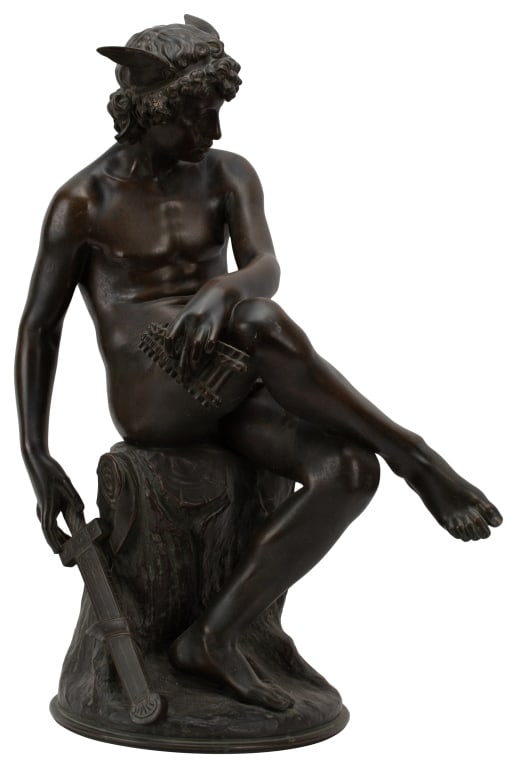Pierre Marius Montagne - Bronze Hermes: Item/Description: French bronze sculpture of a seated Mercury (Hermes). Seated on a stump, legs crossed, with sword down by his right side. Flute in his left hand rested on his knee. Signed Marius Mon