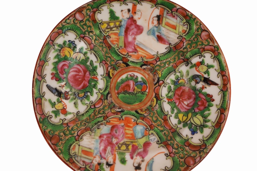 Chinese Rose Medallion Porcelain Plates Set: Item/Description: Collection of octagonal and circular plates featuring the iconic Rose Medallion pattern. Each plate centers on a circular medallion flanked by panels that alternate between court sce
