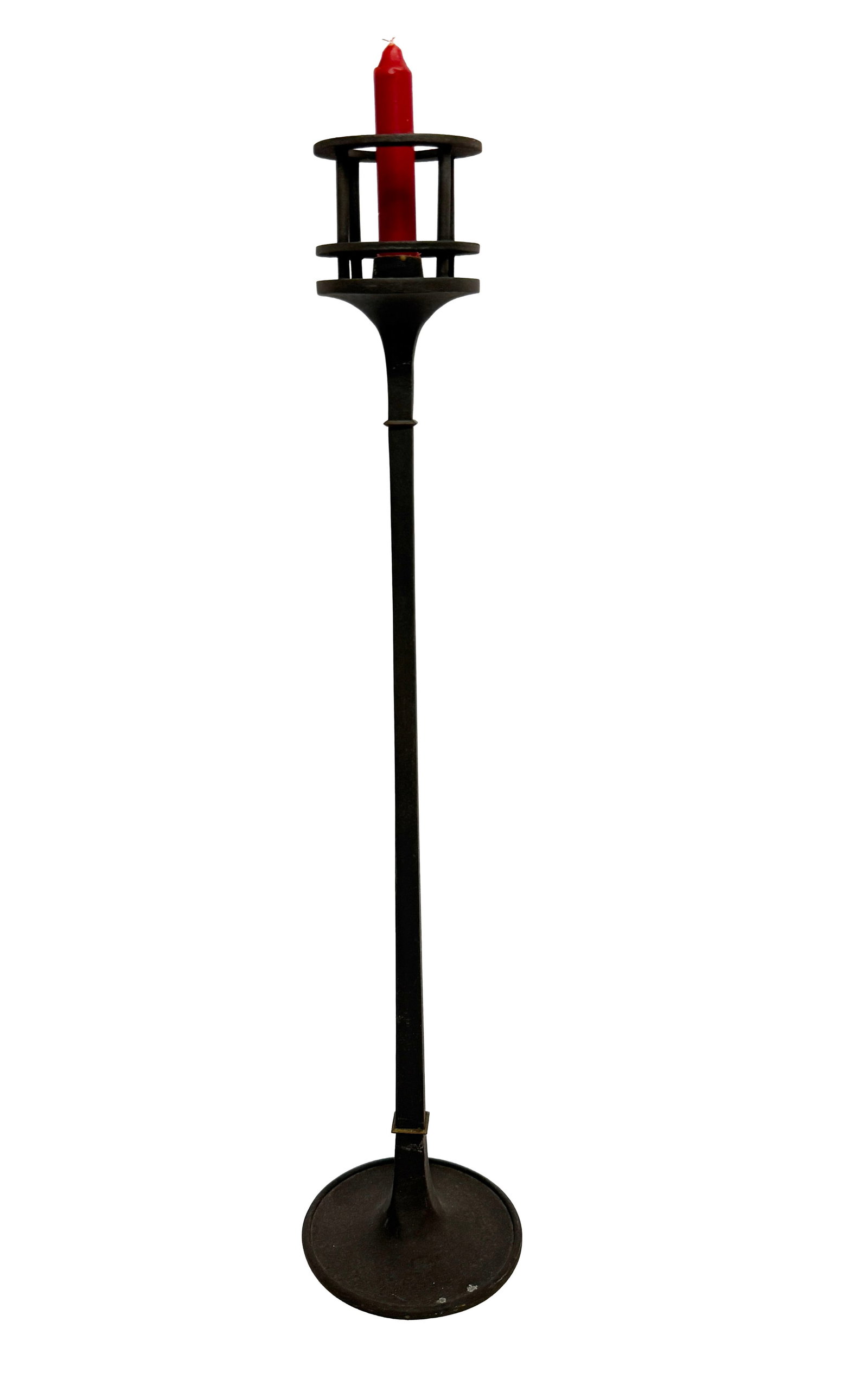 Dansk Jens Quistgaard Cast Iron Table Torchere: Item/Description: Mid-century modern candlestick designed by renowned Danish designer Jens Quistgaard for Dansk Designs during the 1960s. It stands as an iconic example of Scandinavian minimalist and 
