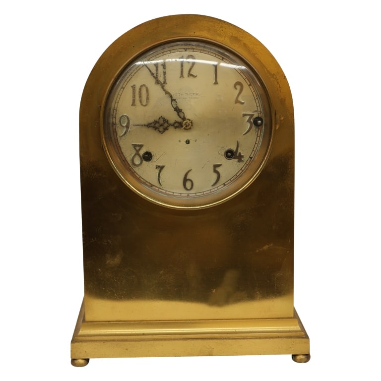 Seth Thomas Brass "Sonora Chime" Mantel Clock: Item/Description: Antique early 20th-century American arch-top mantel clock manufactured by the renowned Seth Thomas Clock Company in Thomaston, Connecticut, from the early 1900s. Heavy casing constru