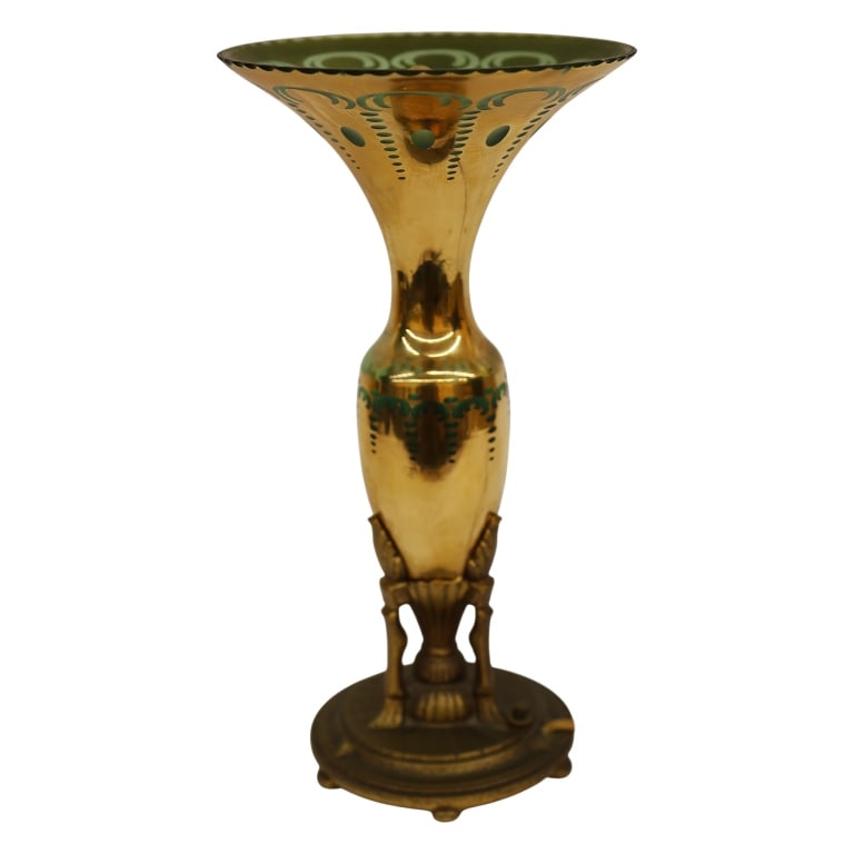 Austrian Jugendstil Enameled Trumpet Vase Lamp: Lamp Item/Description: An antique tabletop lamp base styled in the Austrian Jugendstil manner, featuring an elongated glass baluster body that flares dramatically into a wide trumpet mouth. Exterior