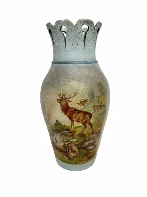 Hand-Painted European Folk Art Wooden Vase: Item/Description: Antique hand-painted rustic, folk-art vase crafted from a single block of hardwood. Classic baluster silhouette with a hand-carved, pierced scalloped crown rim at the top. Features a