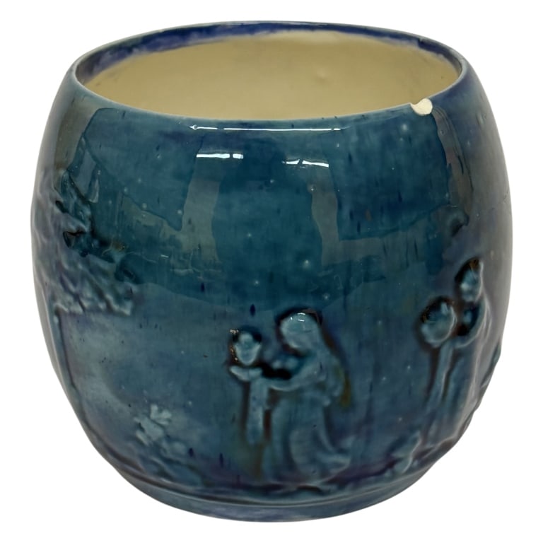 Blue Glaze Studio Art Pottery Planter: Item/Description: Vintage art pottery jardiniere / planter featuring classical figures in relief beneath a glossy blue glaze. Base with maker's mark. (Art Nouveau, Classical Revival Style) Material: C