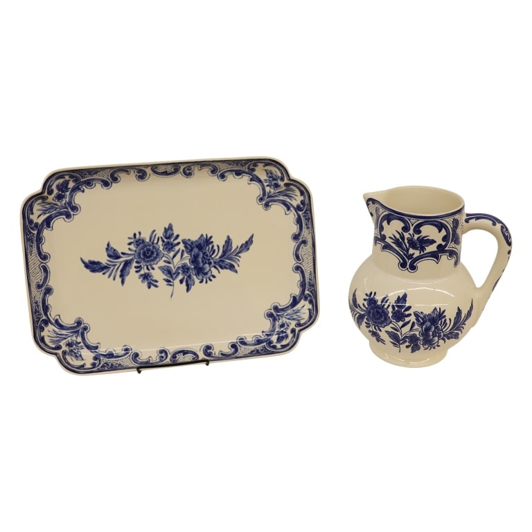 Delft by Tiffany Serving Tray & Pitcher Set: Item/Description: Dutch blue-and-white Delftware, manufactured in Portugal for Tiffany & Co., including a rectangular serving tray and a matching water pitcher. Both pieces are marked to bases: