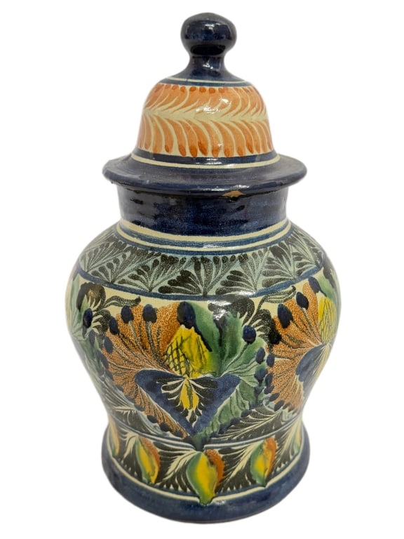 Mexican Santa Rosa Majolica Ceramic Lidded Jar: Item/Description: Hand-painted, lidded ceramic ginger jar from Mayolica Santa Rosa workshop in Guanajuato, Mexico. Traditional tin-glazed earthenware featuring glossy glazed floral and fruit motifs