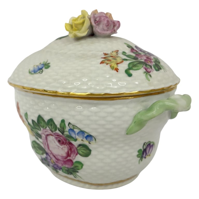 Herend "Printemps" Porcelain Covered Sugar Bowl: Item/Description: Handled, lidded bonbonniere by Herend Porcelain in Hungary. Featuring the festive Printemps (Spring) pattern with the company's signature basketweave relief and detailed spring