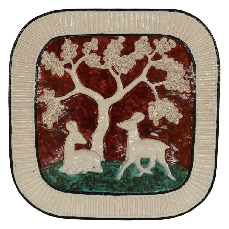 Norwegian Erik Ploen MCM Ceramic Plaque: Item/Description: Hand-painted, cushion-form square ceramic wall plaque is a confirmed work by the celebrated Norwegian studio potter Erik Ploen (1925-2004), hand-signed "Ploen. Made in Norway" on the