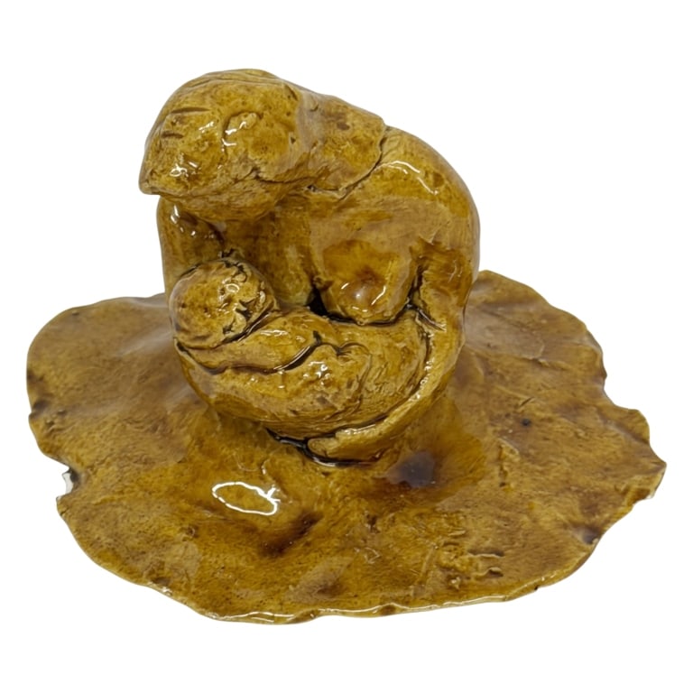 Mother & Child Expressionist Studio Pottery: Item/Description: Vintage mid-century modern studio art pottery figural sculpture, handcrafted by an independent expressionist artisan. Intimate composition portrays a seated mother hunched tenderly o