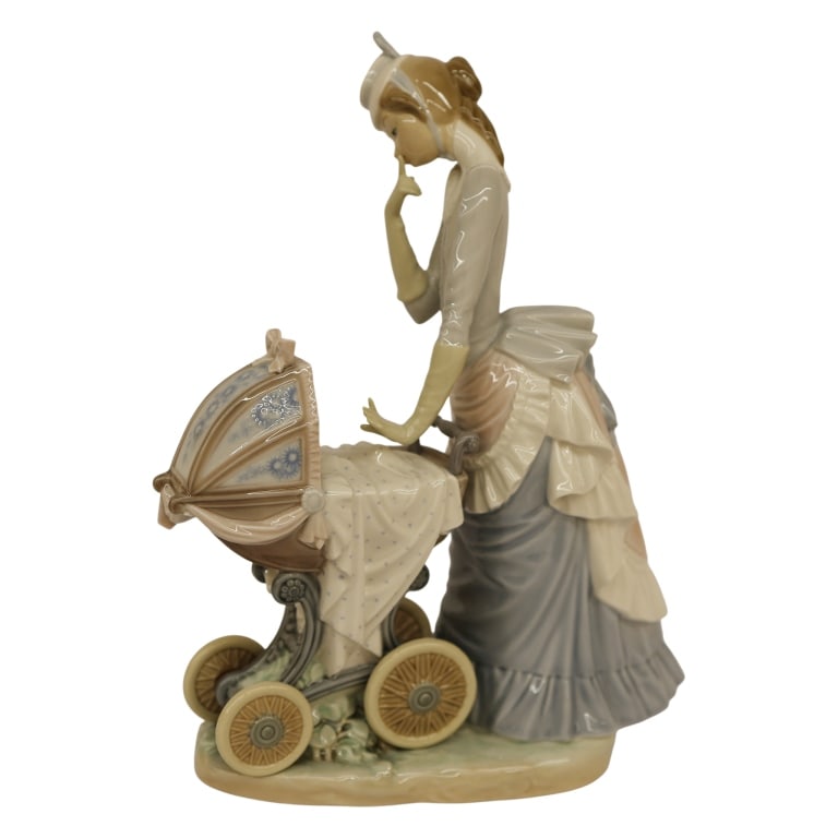 Lladro "Baby's Outing" Porcelain Figurine: Item/Description: Lladro's "Baby's Outing" (#4938) porcelain figurine, designed by Salvador Debon. Issued in 1976 and retired in 2001. Sculpture depicts a Victorian mother dressed in an elegant gown a