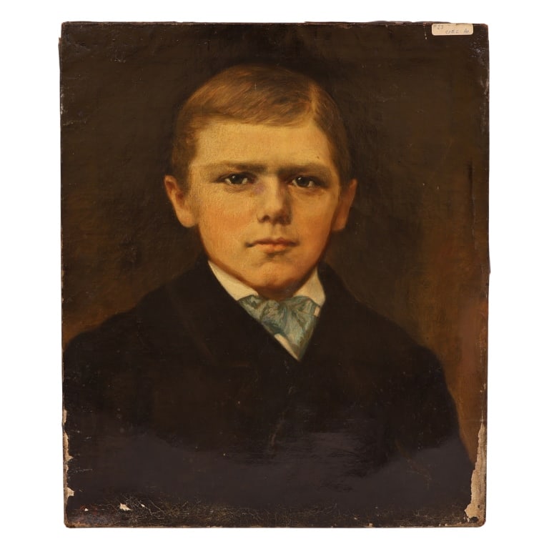 George F Fuller - 19th C Portrait of Son: Item/Description: Original antique oil painting portrait depicting a young boy. Handwritten note on the back of the wood stretcher identifies the boy as Frank Fuller, son of American portrait artist G