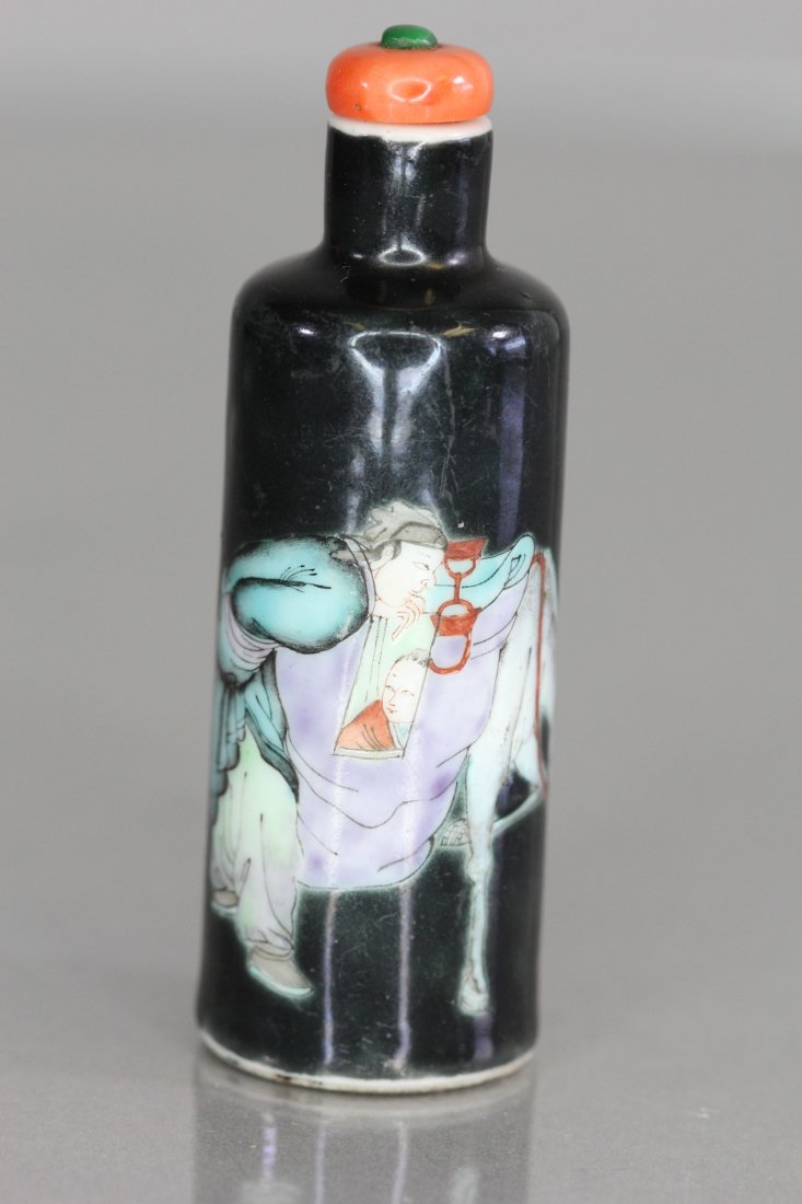 Porcelain snuff bottle with coral topper: 3.25" tall