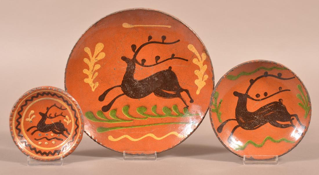 3 Shooner Redware Leaping Stag Dec. Plates. (1 of 2)