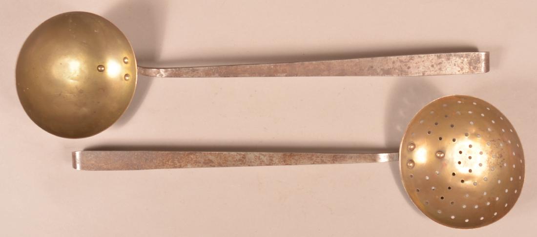 Wrought Iron and Brass Ladle and Skimmer.: 19th Century Wrought Iron and Brass Ladle and Skimmer. Ladle signed "F.B.S. Canton, O. Pat. Jan 26, (18)86". Brass bowls with flattened shafts having hook handles. Ladle measures 20" l. Condition: Goo