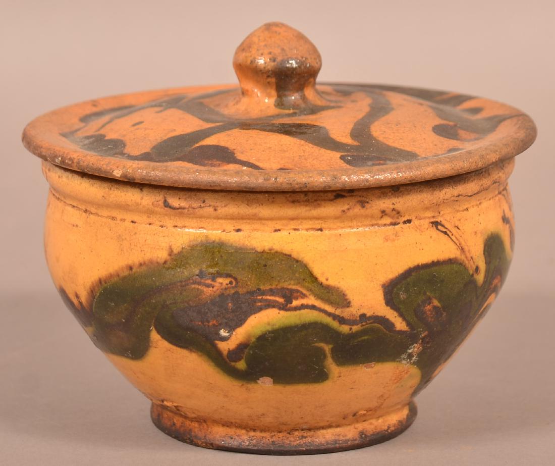 19th Century Drip Glazed Redware Covered Sugar Bowl. (1 of 4)
