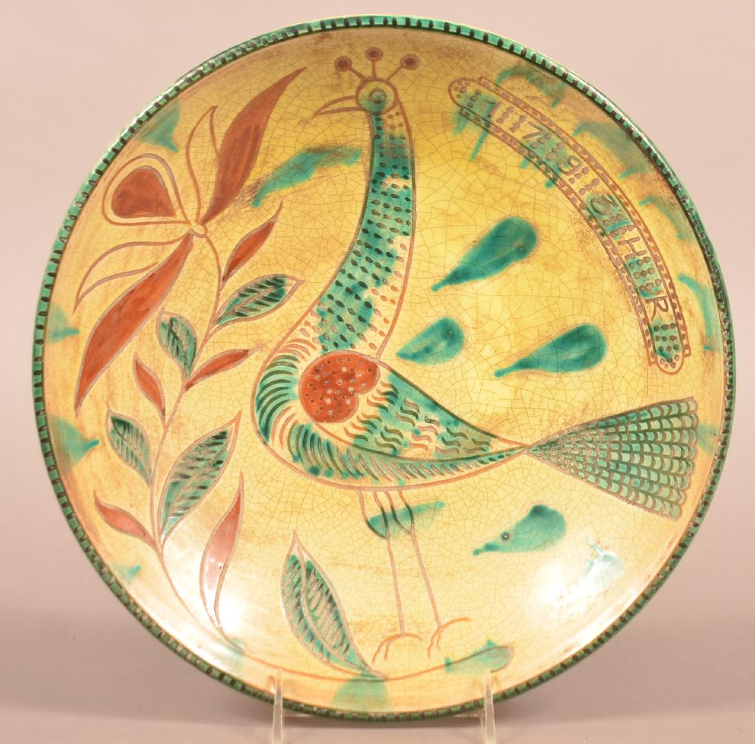 Metropolitan Museum Reproduction Redware Charger.: Metropolitan Museum Reproduction Redware Charger. Peafowl and floral sgrafitto decoration, "1793 H.R.". 12-1/2" diam. Condition: Good, no damage.