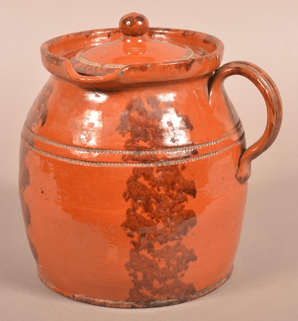 PA Sponge Glazed Redware Side Spout Covered Cider Jug. (1 of 4)