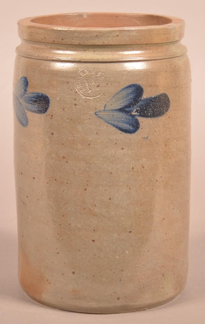 P. Hermann Stoneware Jar with Blue Foliate Decoration.: P. Hermann One Gallon Stoneware Jar with Cobalt Blue Foliate Decoration. 10-1/2"h. Condition: Very good.