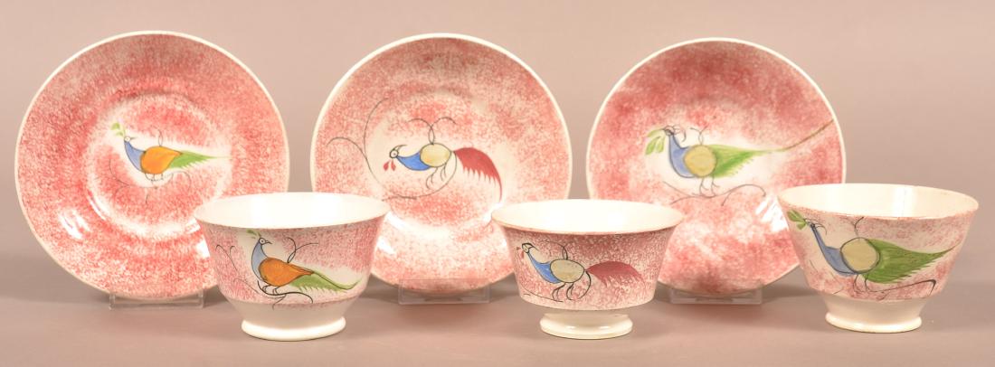 Three Various Red Spatter Peafowl Pattern Cups and (1 of 2)