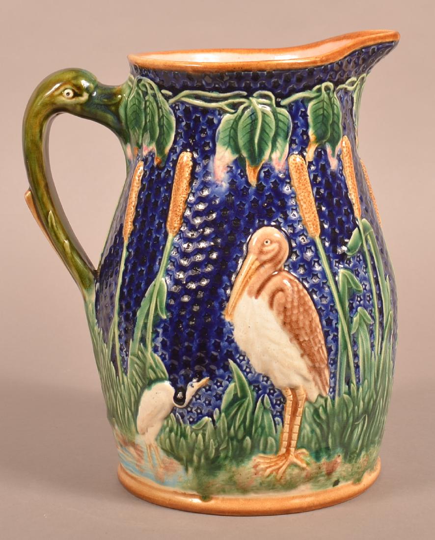 Large Majolica Stork and Cat-tail Pitcher. (1 of 3)