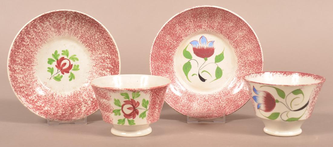 2 Red Spatter China Floral Pattern Cups and Saucers. (1 of 2)