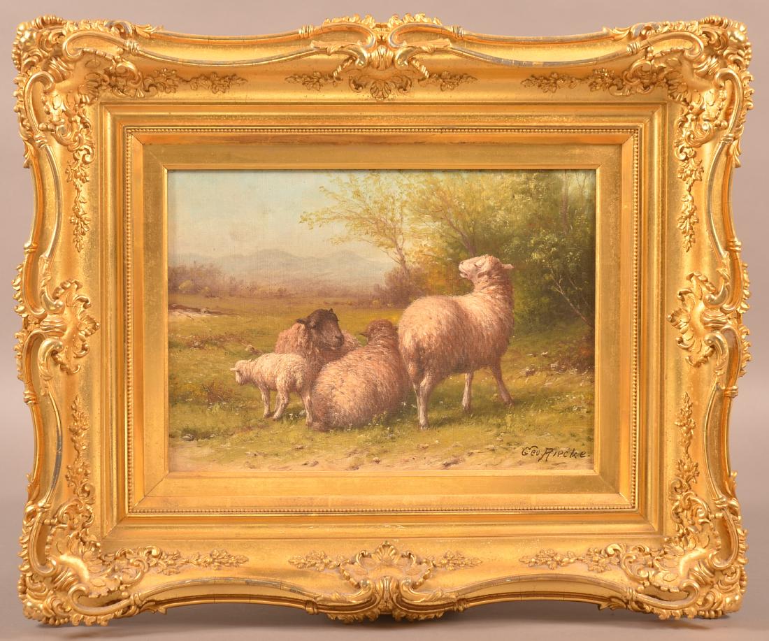George Riecke Oil on Canvas, Sheep & Landscape Scene. (1 of 4)
