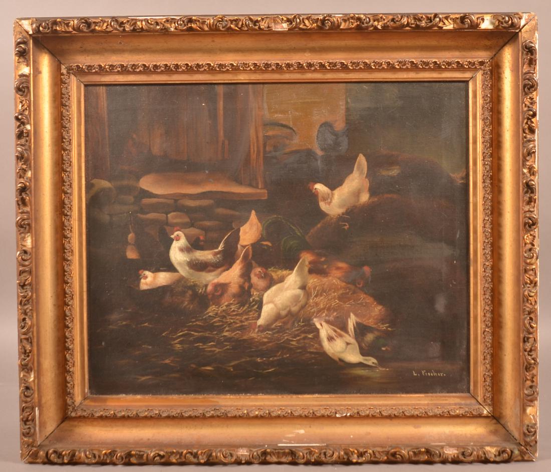 L. Fischer Oil on Canvas Chickens & Ducks Barnyard (1 of 4)