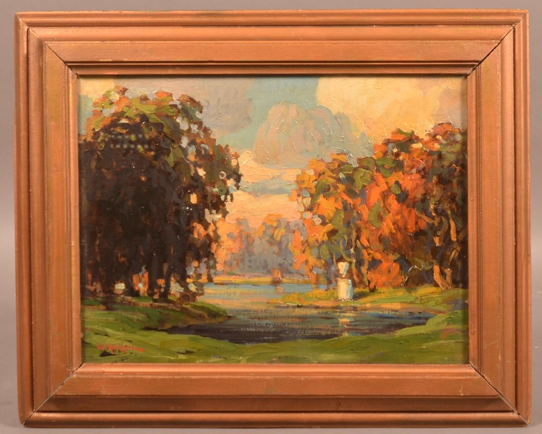 W. Koeniger Oil on Artist Board Landscape Painting.: W. Koeniger Oil on Artist Board Landscape Painting. (Walter Koeniger, New York, 1881-1943). Signed lower left "W. Koeniger". Lake and trees summer landscape. Image size 11-1/2" x 15-1/2", in a gold mo