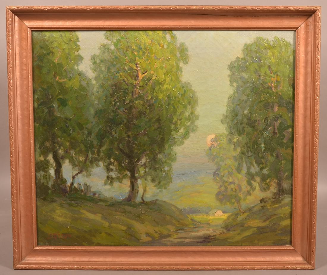 W. Koeniger Oil on Artist Board Landscape Painting.: W. Koeniger Oil on Canvas Landscape Painting. (Walter Koeniger, New York, 1881-1943). Signed lower left "W. Koeniger". Forest and stream summer landscape. Image size 19-3/4" x 23-1/2", in a molded fra