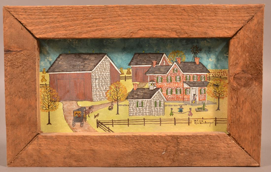 Dolores Hackenberger Oil on Artist Board Painting.: Dolores Hackenberger Oil on Artist Board Painting of an Amish Homestead. Signed lower right. In a mitered wood frame, 8"h. x 13"w. Condition: Very good.