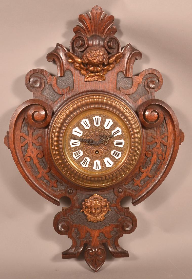 Unsigned Carved Oak Wall Clock. (1 of 4)