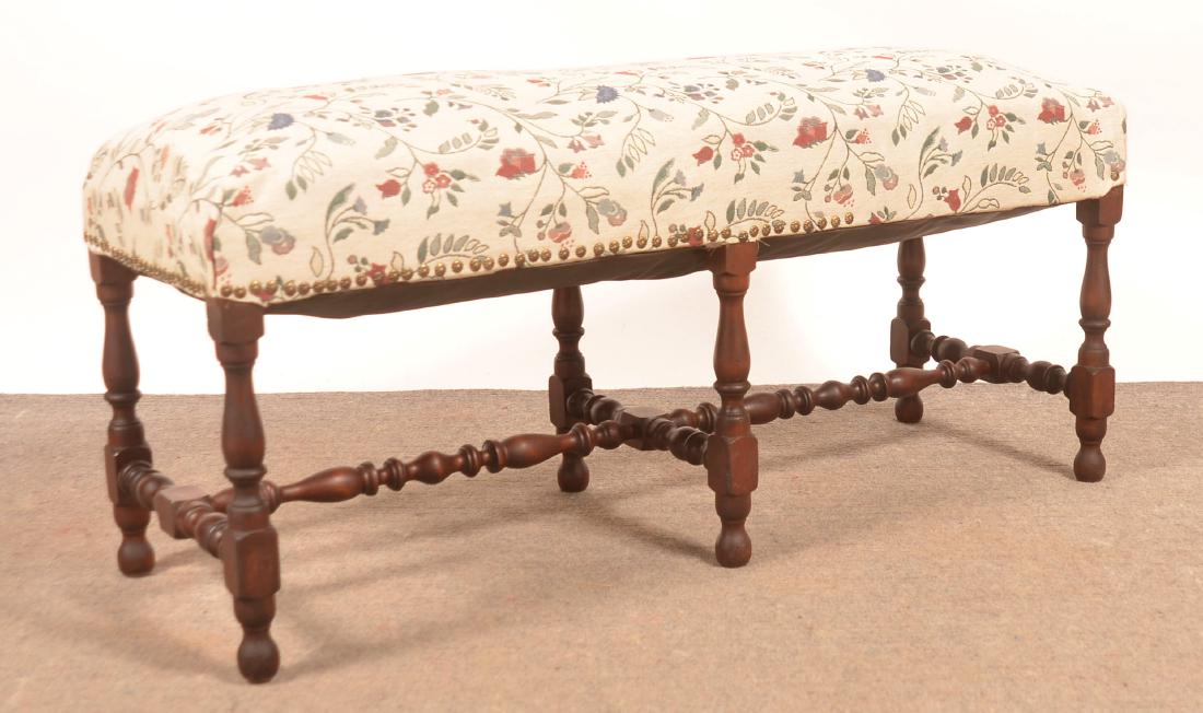 Jacobean Style Walnut Frame Upholstered Bench. (1 of 2)