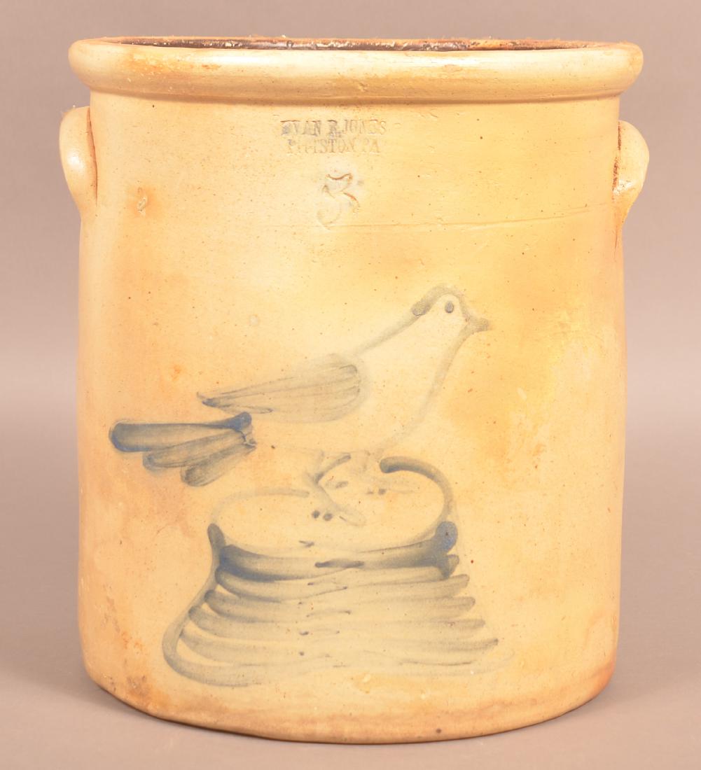 Evan R. Jones Crock with Bird on Stump Blue Dec. (1 of 4)