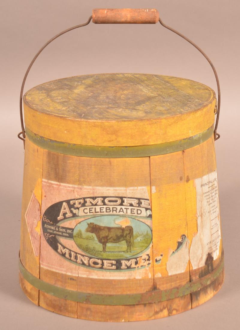 Atmore's Advertising Mince Meat Bucket.: Atmore's Country Store Advertising Mince Meat Bucket. Yellow wooden staves with green metal support bands and bail handle. Late 19th century. 10"h. Condition: Good with wear, retains partial label.