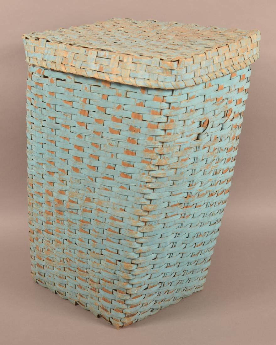 Blue Painted Woven Oak Splint Hamper Basket. (1 of 5)