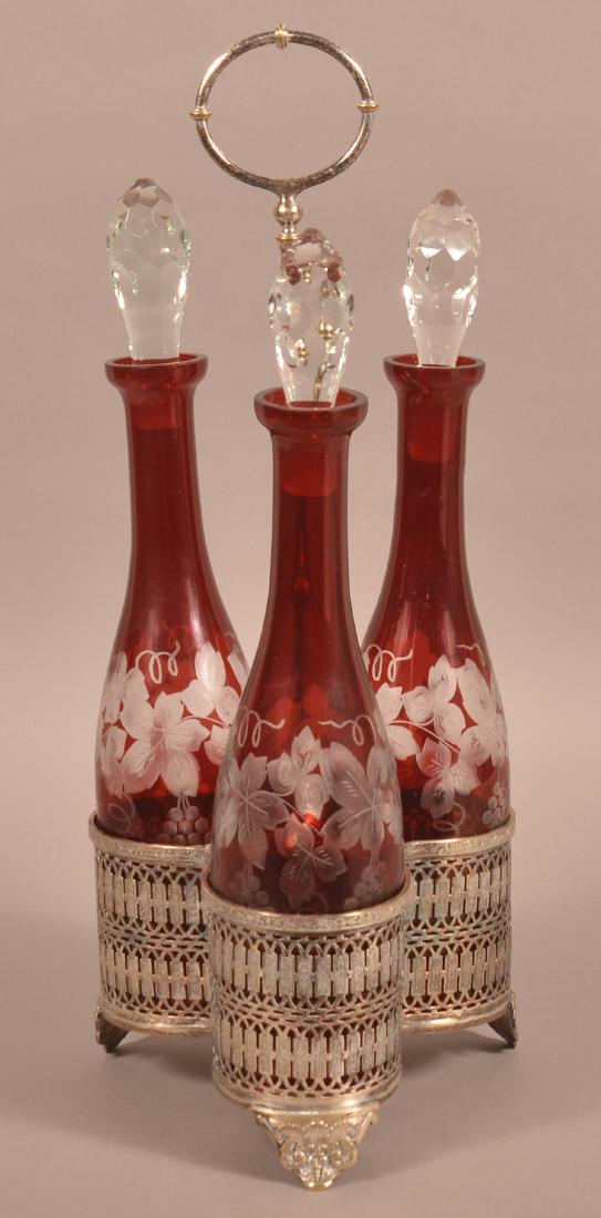 Three Piece Ruby Bohemian Glass Decanter Set. (1 of 3)