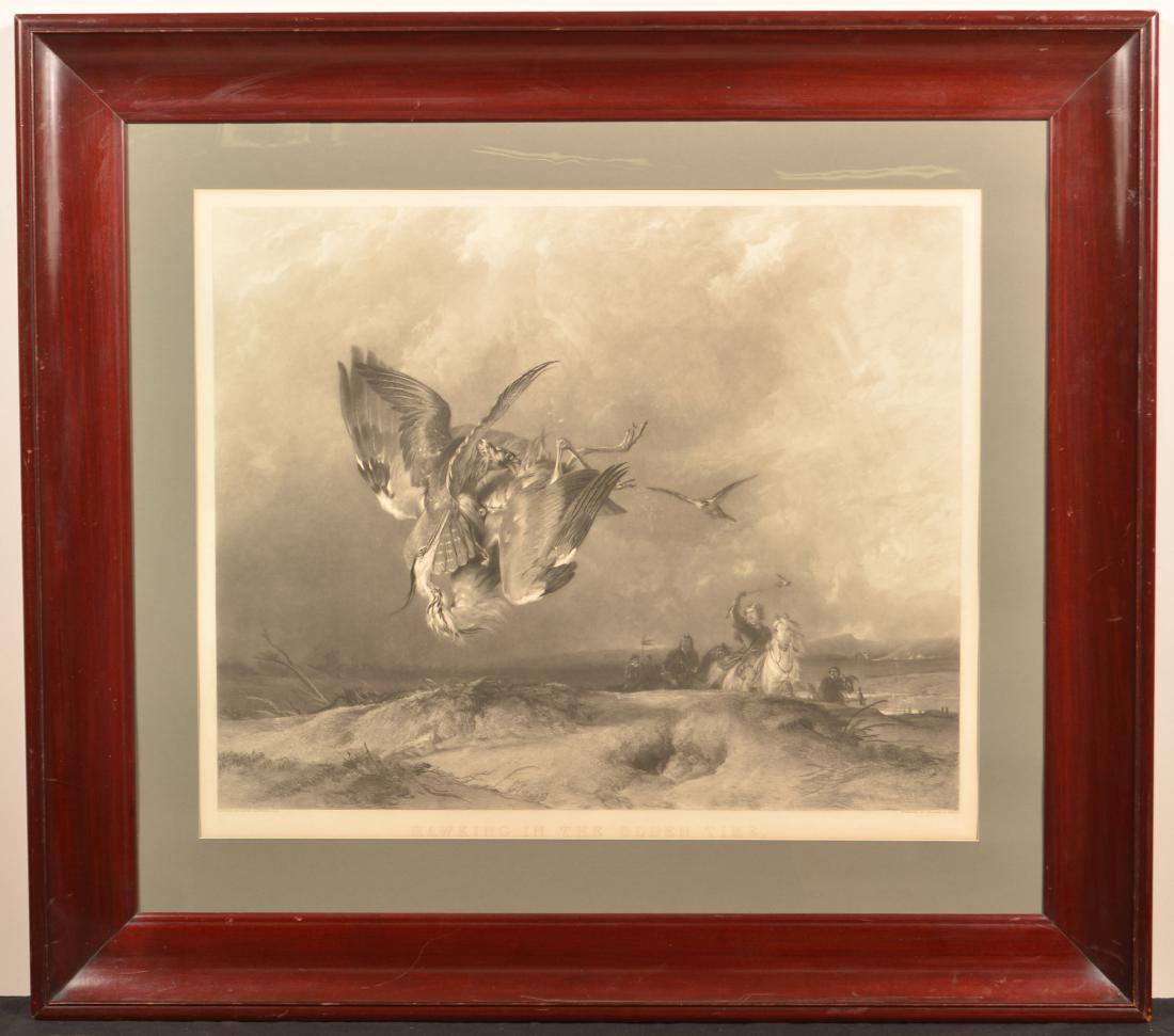 Engraving Titled "Hawking in the Olden Time".: Early Framed Black and White Engraving Titled "Hawking in the Olden Time". Painted by Edwin Landseer R A, engraved by Charles G. Lewis. Image size 24" x 29", framed and matted, 38" x 42" overall. Cond