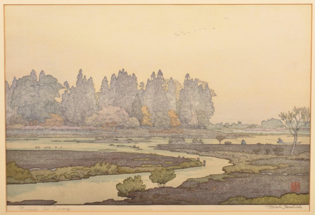 Japanese Woodblock Print by Toshi Yoshida.: Japanese Woodblock Print by Toshi Yoshida. (1911-1995). Circa. 1951. Titled "Morinji in Spring". Signed Toshi Yoshida in English lower right and with red seal chop. Image size, 10" x 14-1/2", framed a