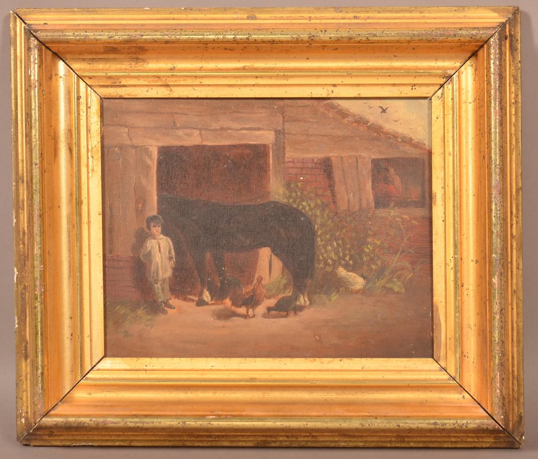Small Oil on Canvas Painting of a Barnyard Scene. (1 of 3)