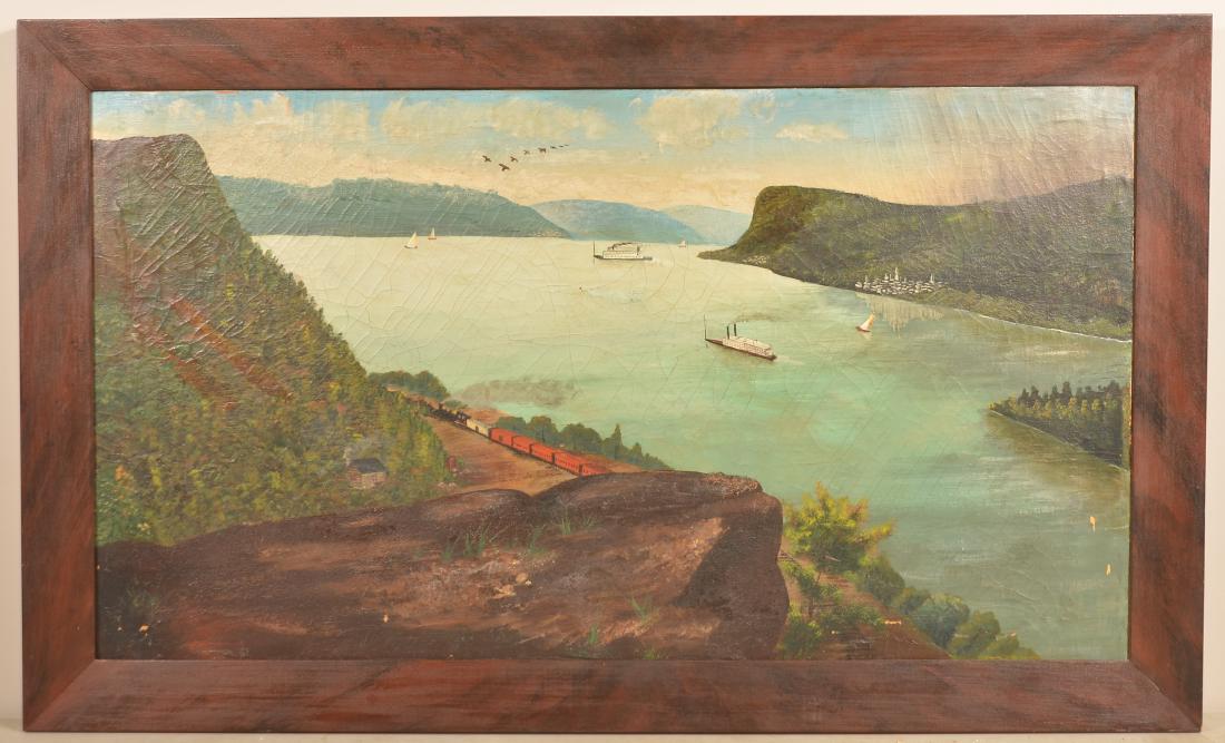 Antique River Scene Oil on Canvas Painting. (1 of 6)