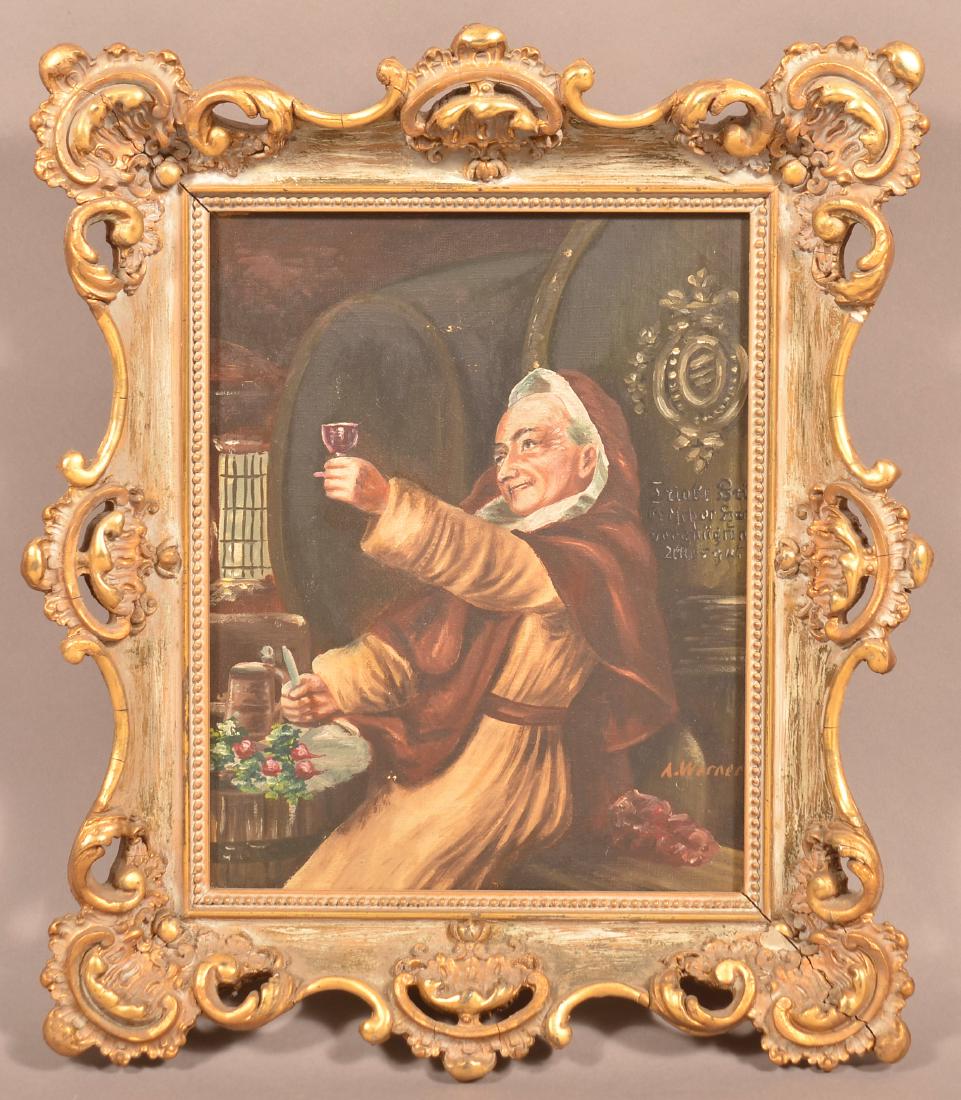 19th Century Oil on Canvas Painting of a Fryer.: A. Warner 19th Century Oil on Canvas Painting Depicting a Fryer. Interior scene Fryer toasting with a wine glass. Signed lower right "A. Warner". In an ornate gilt frame, 14-1/4" x 12-1/4" overall. Co
