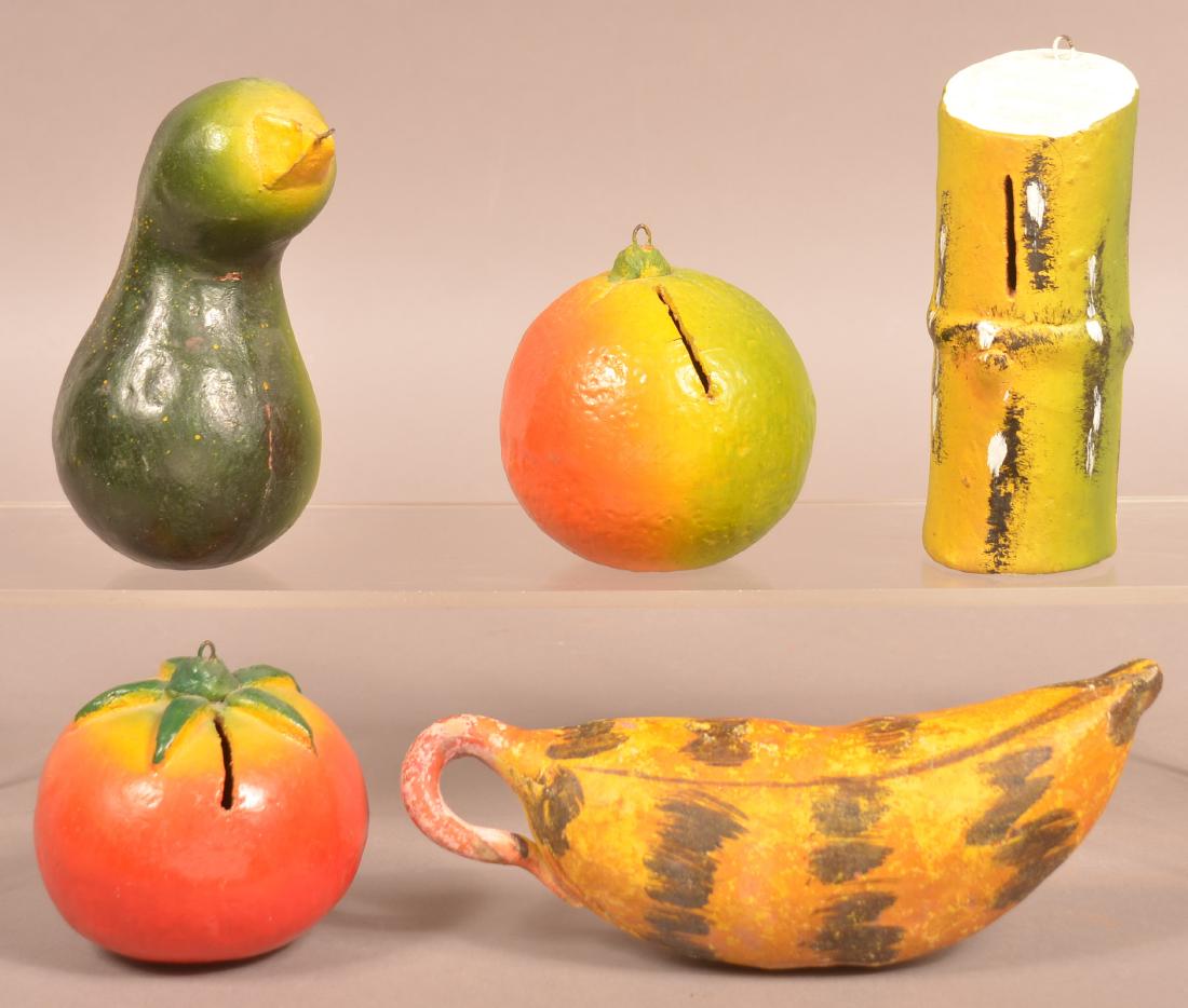 5 Cold-Painted Pottery Fruit/Plant Still Banks. (1 of 2)