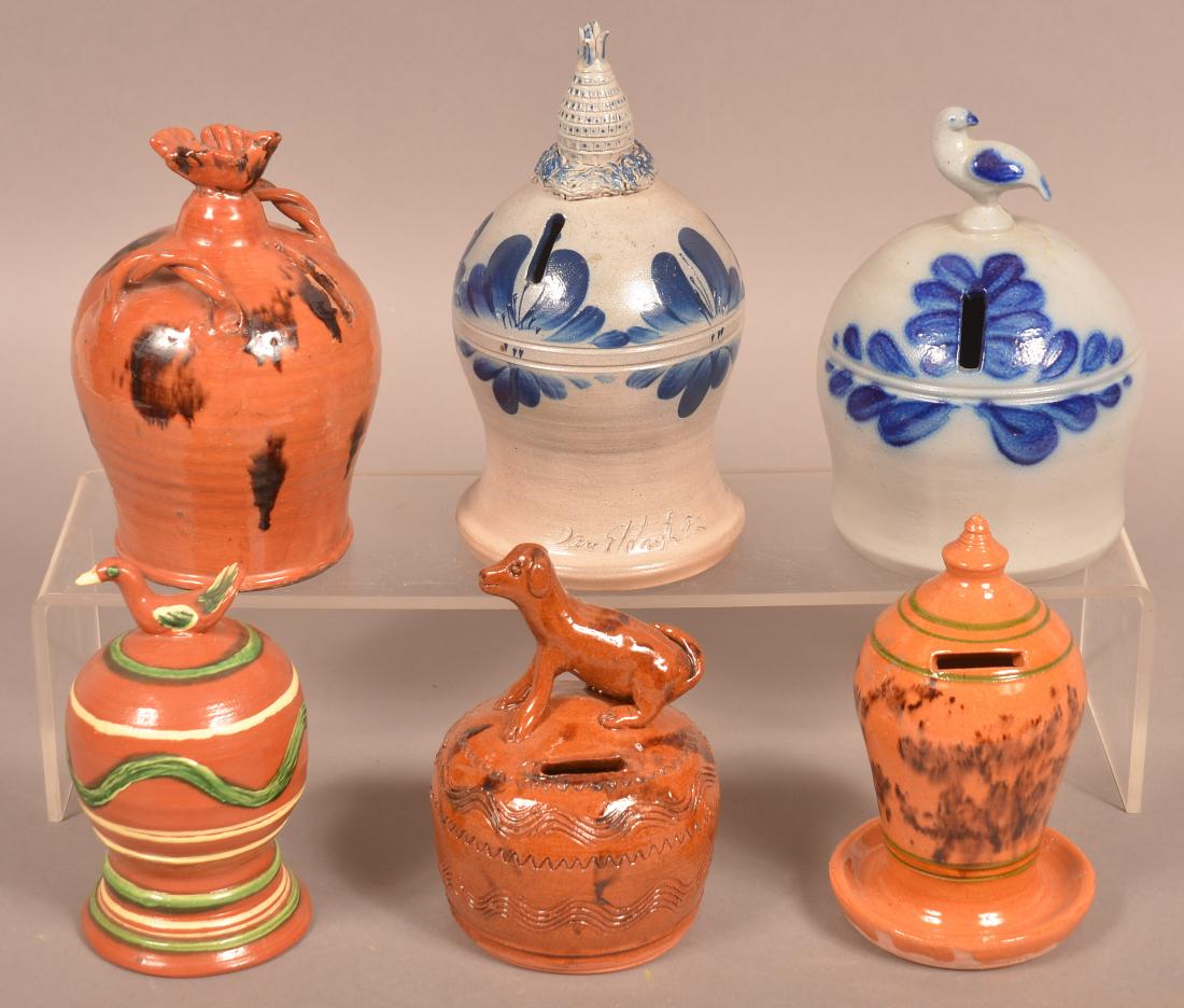 6 Folk Art Redware and Stoneware Still Banks. (1 of 3)