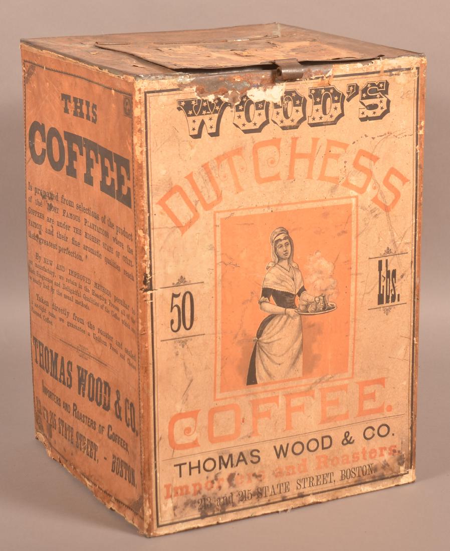 Wood's Dutchess 50lb. Coffee Tin.: Wood's Dutchess 50lb. Coffee Tin. Paper covered bin, Thomas Wood & Co., Boston. 19-1/2"h. x 13-1/2" square. Condition: Good with some losses and fading, tin has some dents.