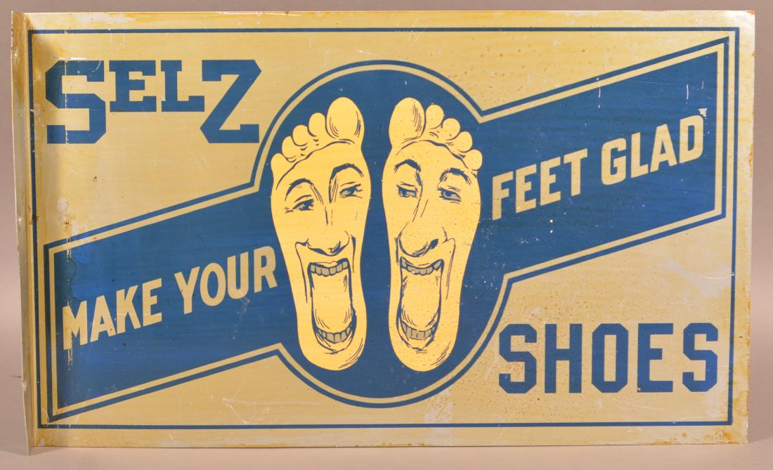 "Selz Shoes" Tin Lithograph Flange Sign.: "Selz Shoes" Tin Lithograph Double Sided Flange Sign. "Make Your Feet Glad". 12-1/4" x 20". Condition: Good with minor wear has a light lacquer coating.