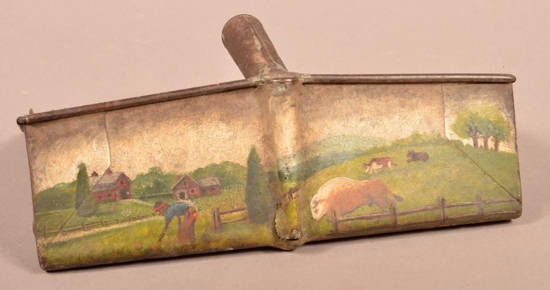 Tin Cranberry Picker with Painted Farm Scene. (1 of 2)