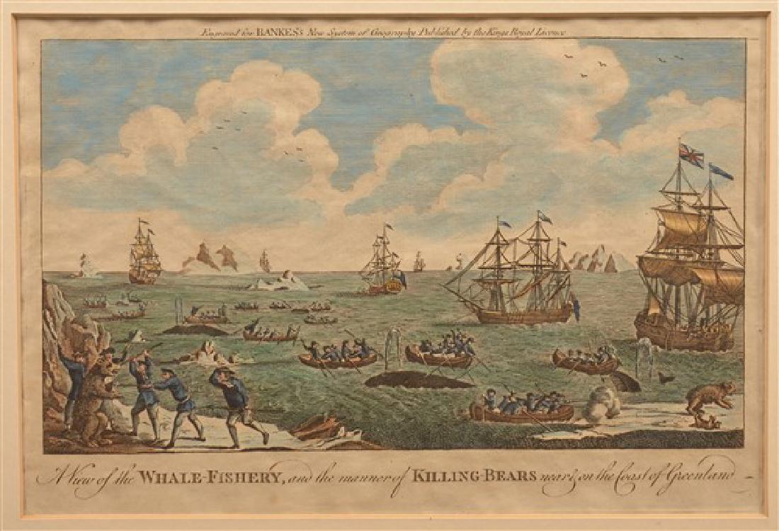 18th Century Hand Colored Maritime Engraving.: 18th Century Hand Colored Maritime Engraving. Titled "A View of the Whale Fishery and the manner of Killing Bears near & on the Coast of Greenland". Signed on top "Engraved for Bankes's New System of