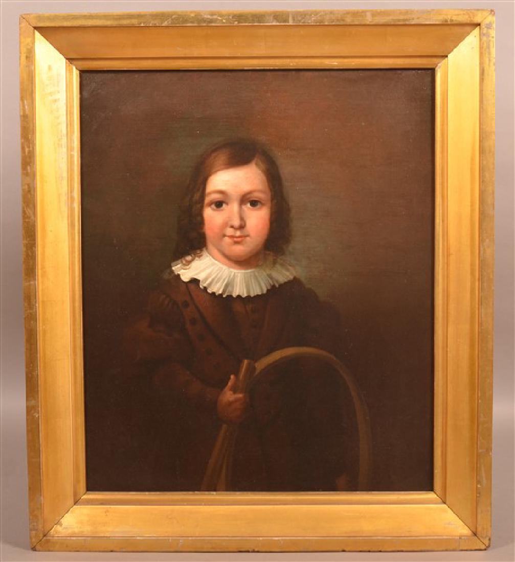 Oil on Canvas Portrait of a Boy with Stick and Hoop: 19th Century Oil on Canvas Portrait of a Boy with Stick and Hoop Toy. In a Gilt molded frame, 30" x 25-1/2".
