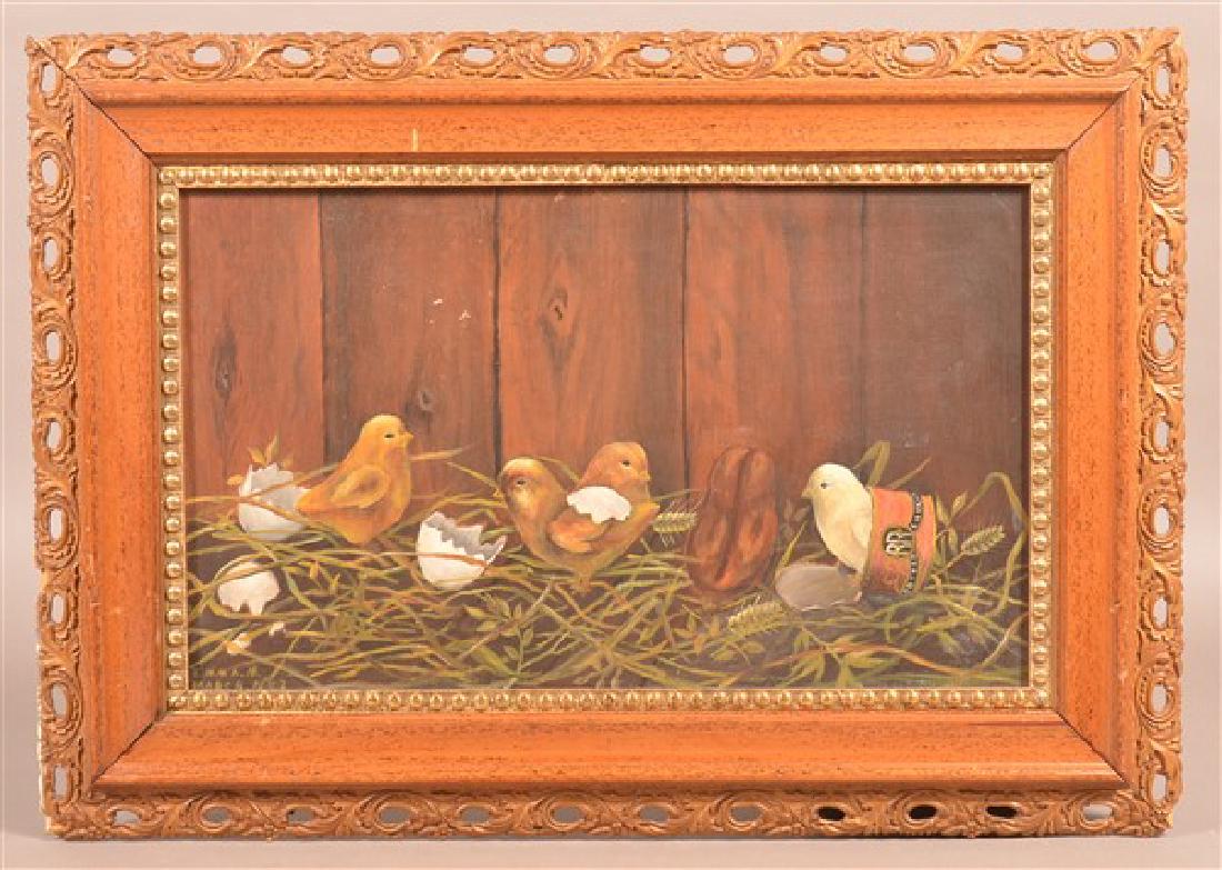 Oil on Canvas Depicting Five Chicks.: Oil on Canvas Depicting Five Chicks. Signed lower left "Emma M. March 1893". In a Victorian frame, 19" x 27" overall. Condition: Painting is good with thin spots, frame has losses.