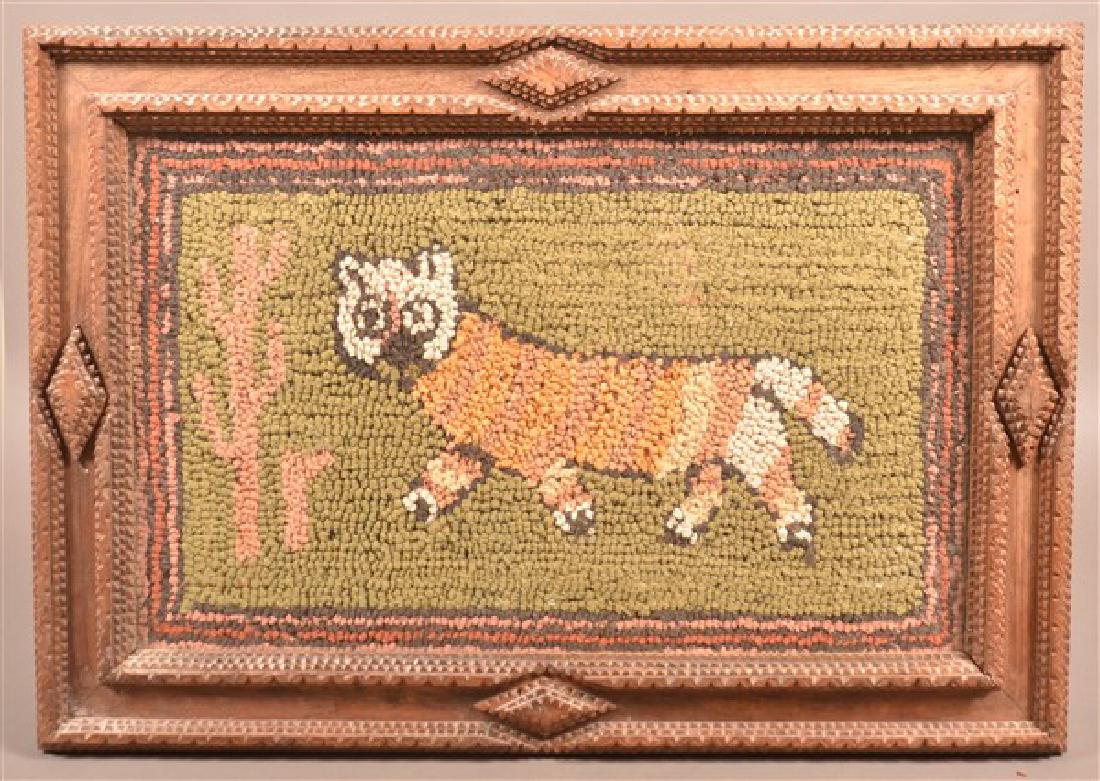 Antique Cat Hooked Rug in a Tramp Art Frame. (1 of 4)