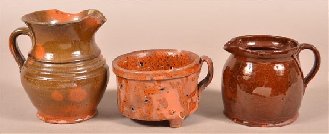 Three Various Pieces on Antique Glazed Redware. (1 of 3)